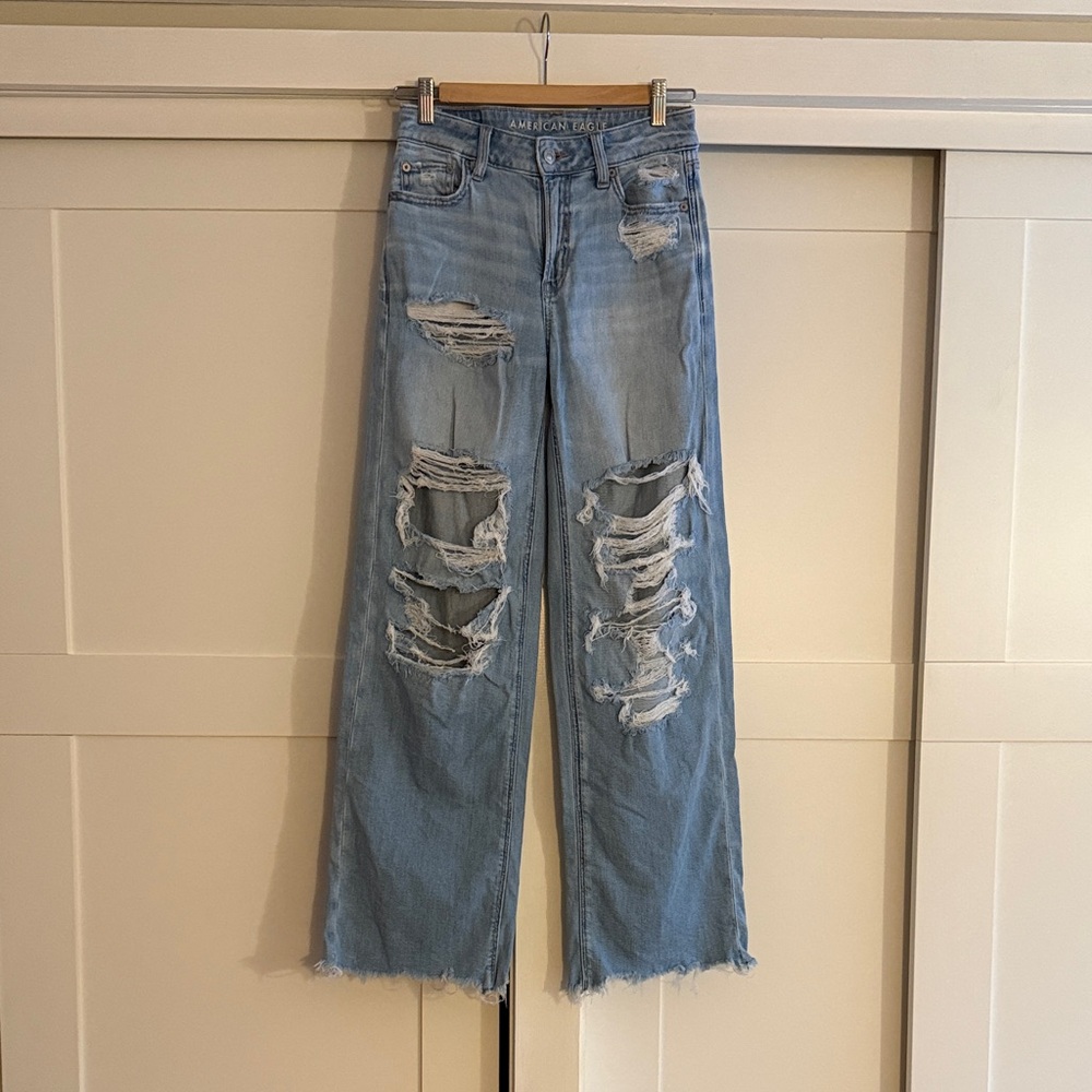 American Eagle Outfitters Light Blue Distressed Wide Leg Jeans